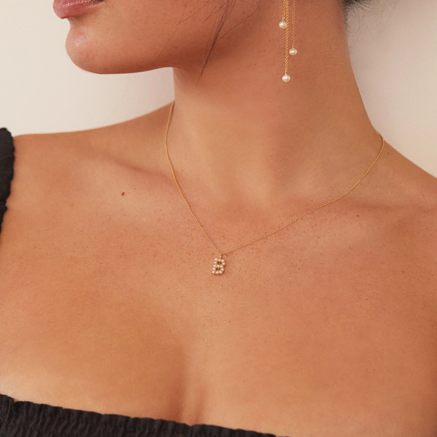 Solid White Gold Pearl Initial Letter Necklace - Image 4