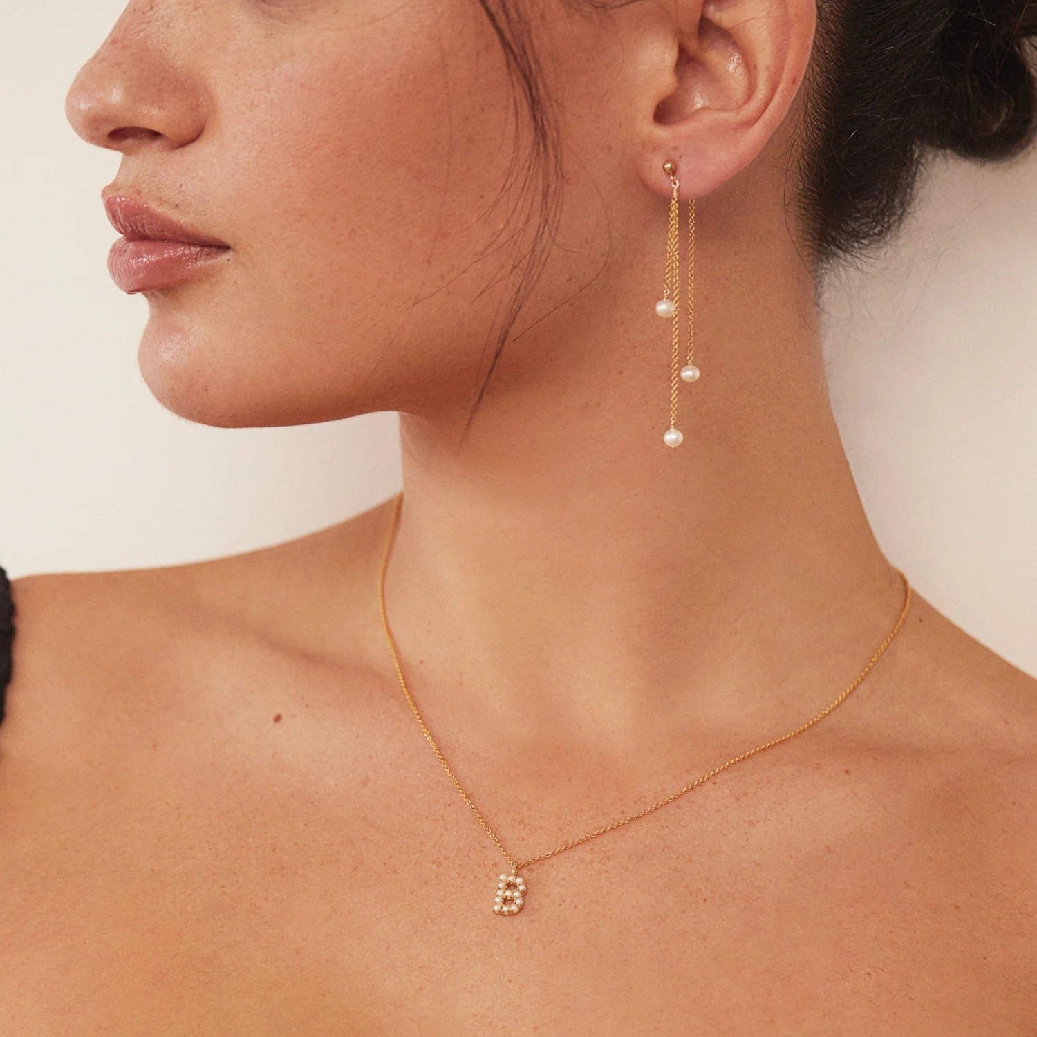 Solid White Gold Layered Pearl Drop Earrings - Image 4