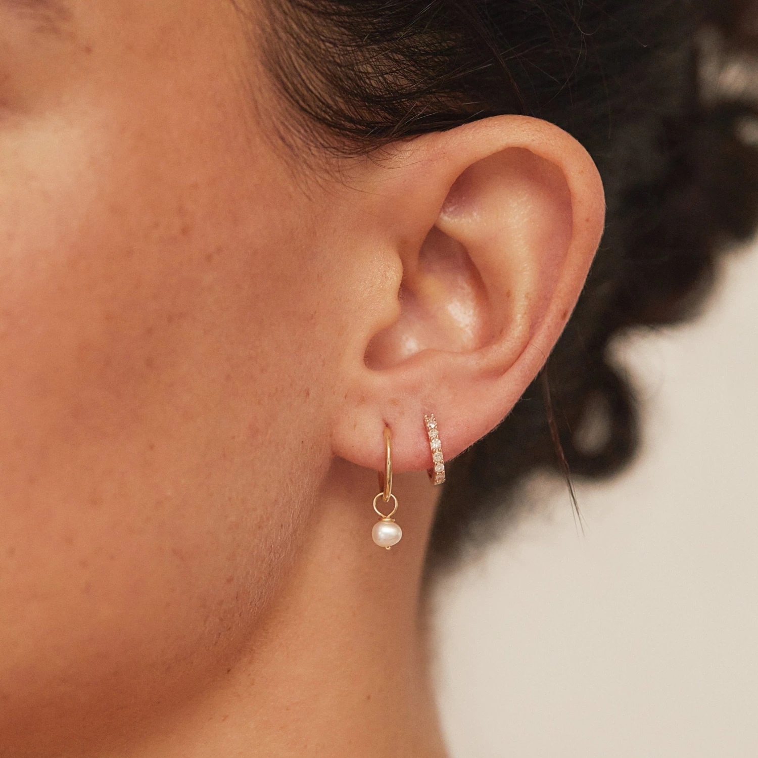 Solid Gold Small Pearl Drop Hoop Earrings - Image 2