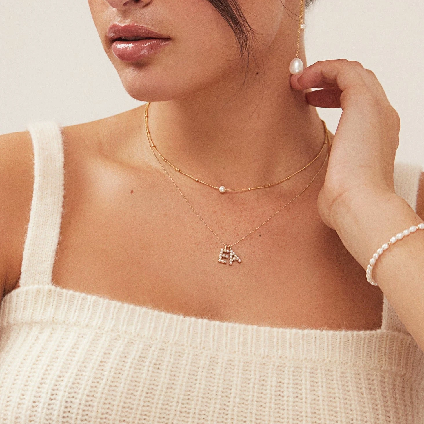 Solid Gold Pearl Initial Letter Necklace - Image 2