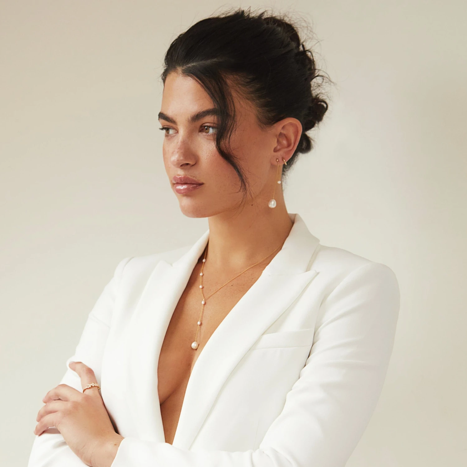 Solid White Gold Layered Large And Small Pearl Earrings - Image 7