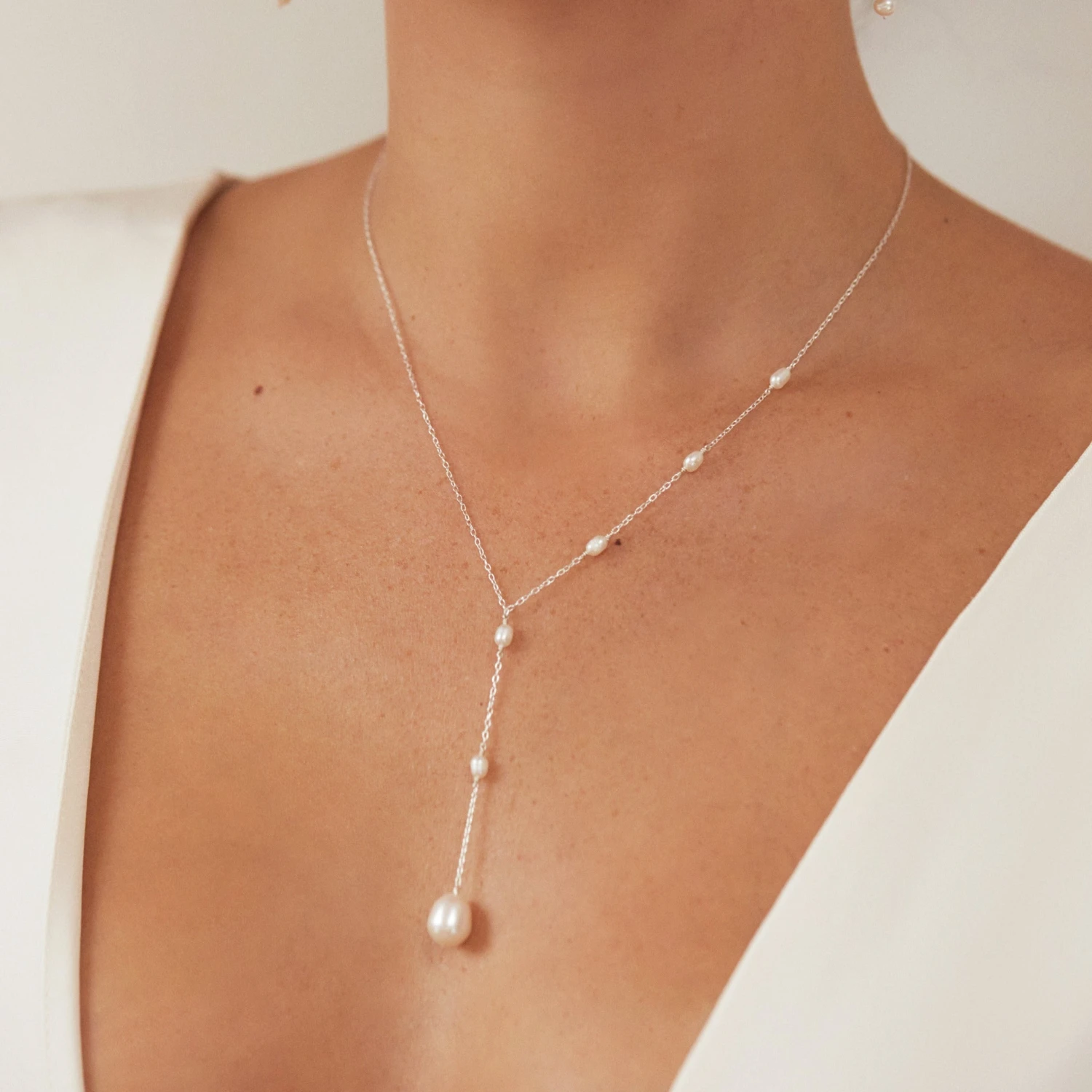 Silver Seed Pearl Lariat Necklace - Image 2