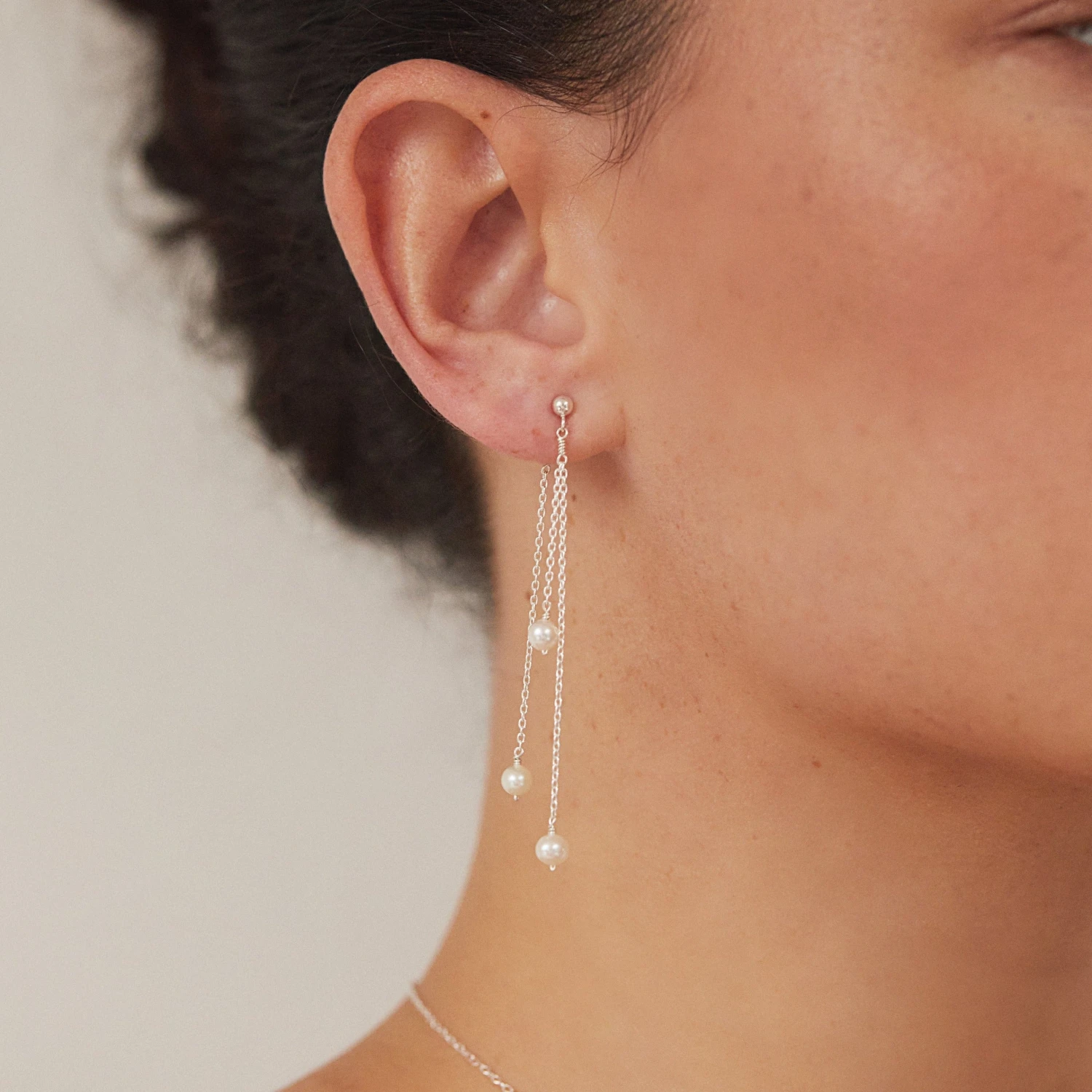 Solid White Gold Layered Pearl Drop Earrings - Image 2