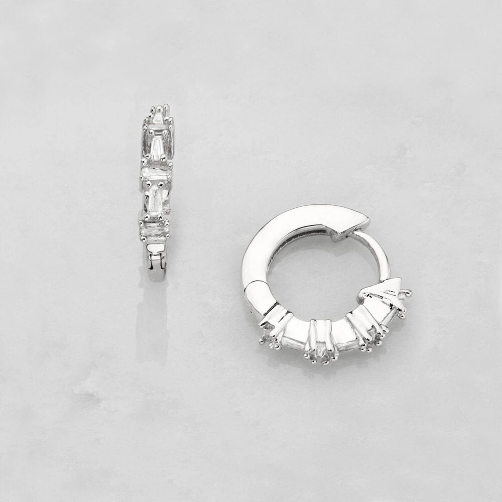 Silver Diamond Style Baguette Huggie Hoop Earrings - Image 3