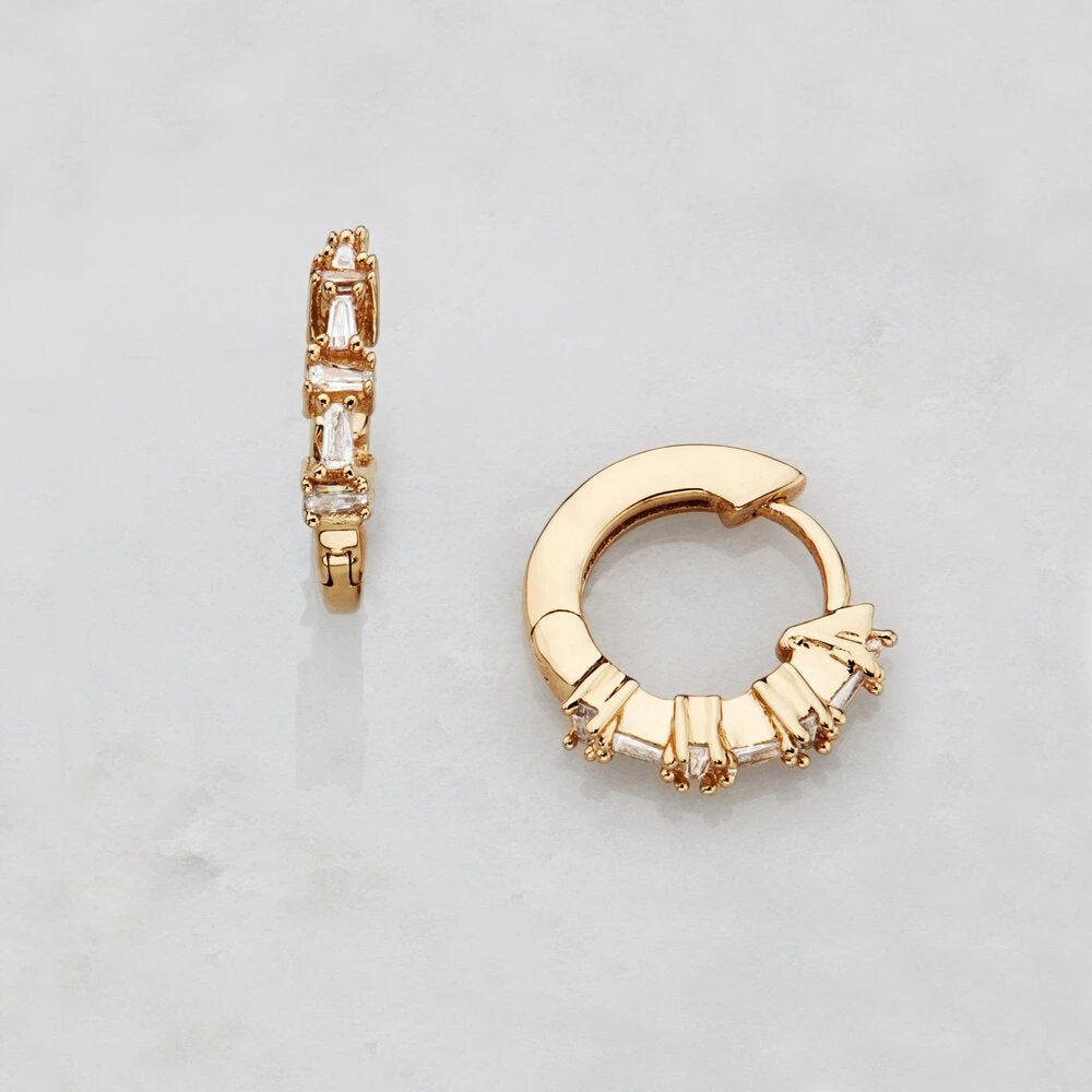 Gold Diamond Style Baguette Huggie Hoop Earrings - Image 3