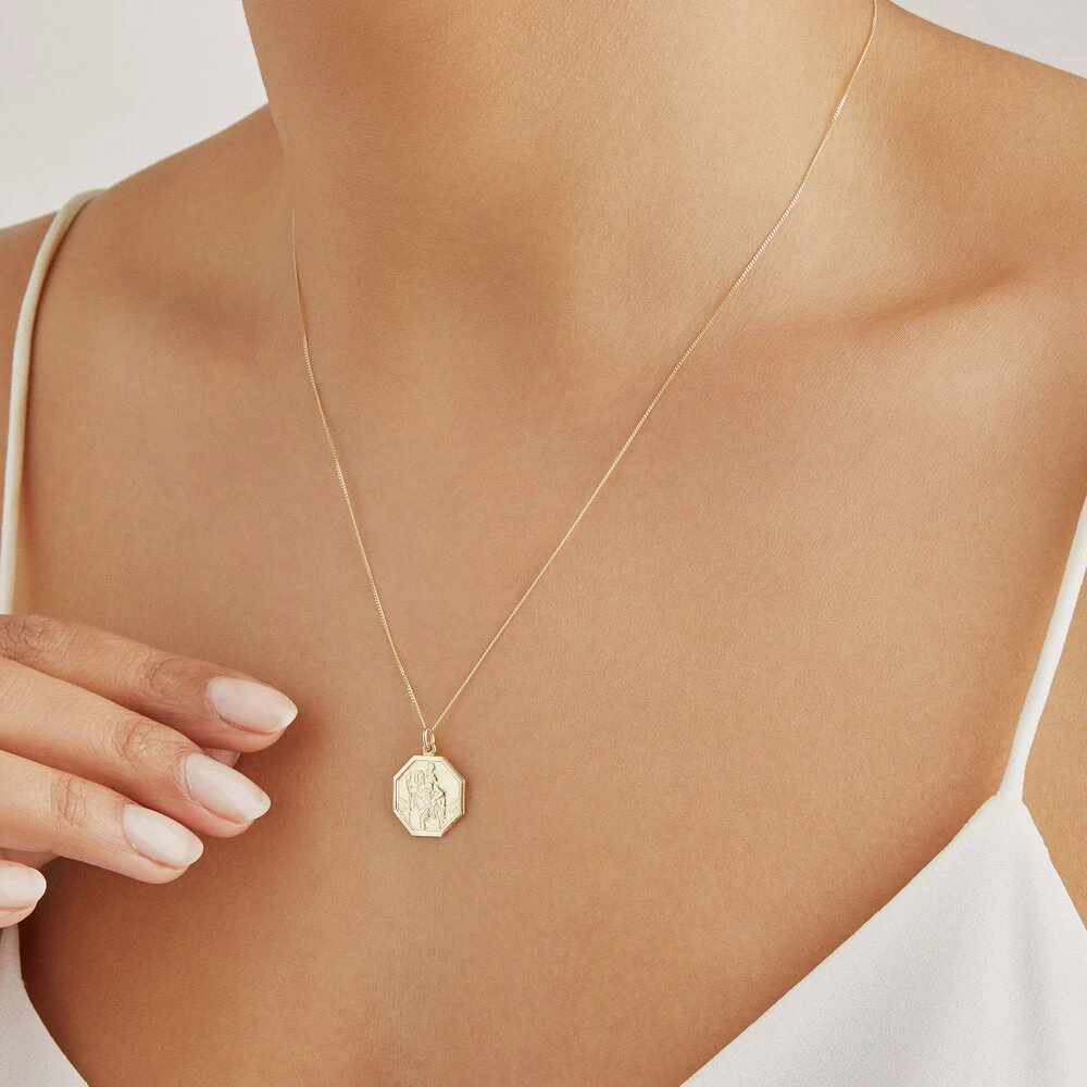 Solid Gold St Christopher Octagonal Medallion Necklace - Image 2