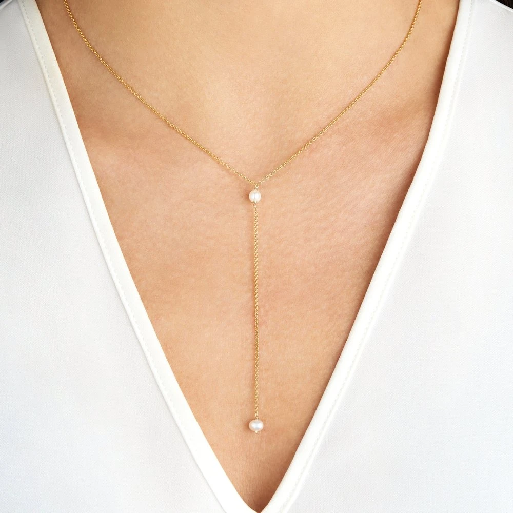 Gold Pearl Lariat Necklace - Image 3