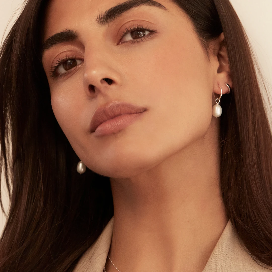 Silver Large Pearl Drop Hoop Earrings - Image 5