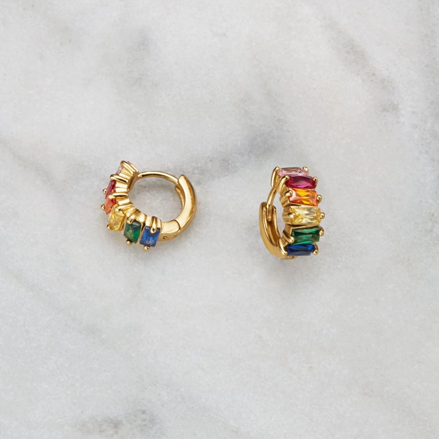 Gold Rainbow Gemstone Cluster Huggie Hoop Earrings - Image 3
