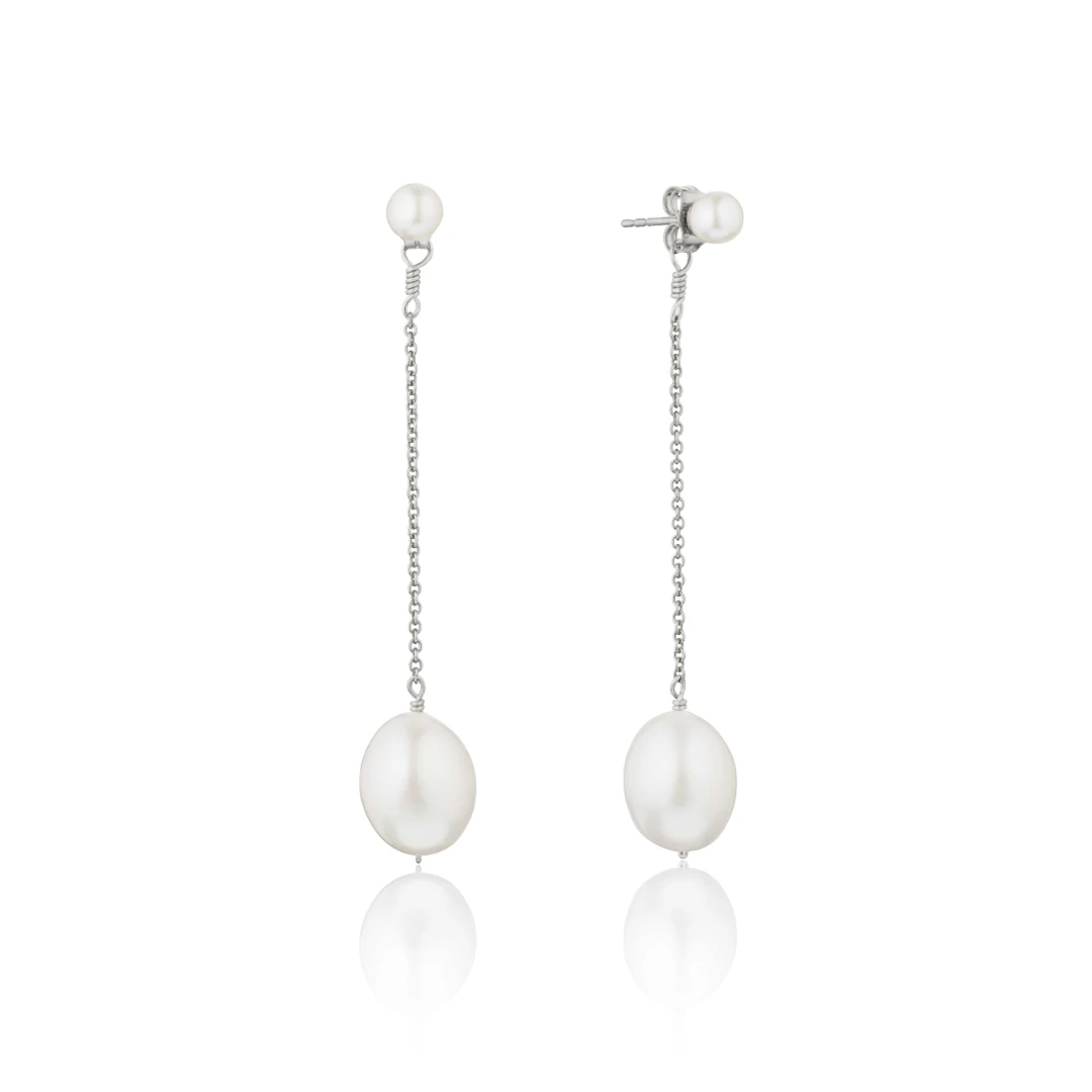 Silver Large And Small Pearl Drop Stud Earrings
