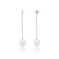 Solid White Gold Large And Small Pearl Drop Stud Earrings
