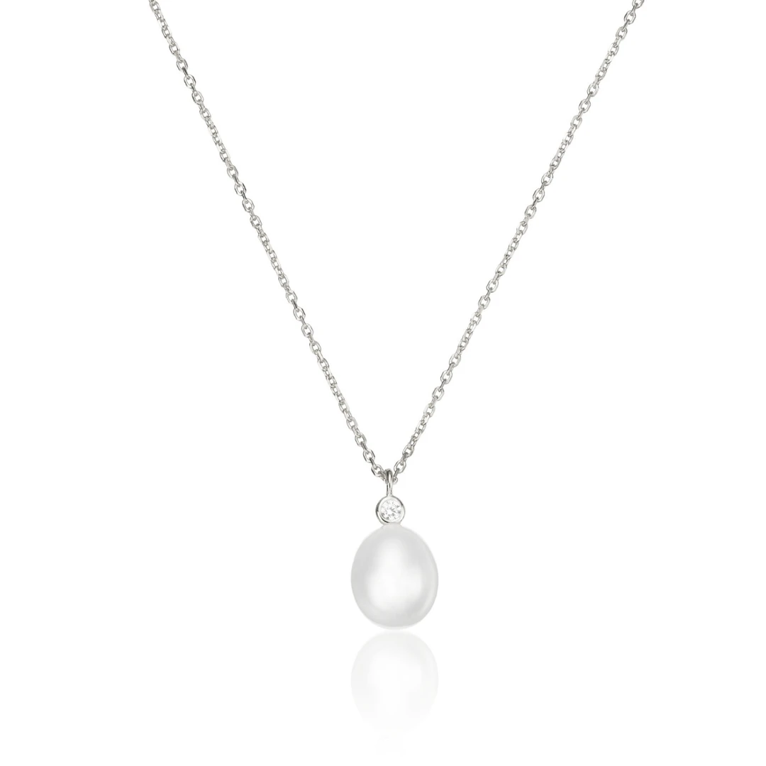 Silver Single Diamond Style Pearl Necklace