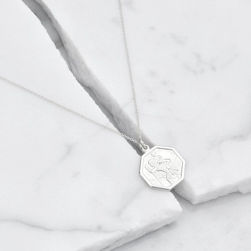 Silver St Christopher Octagonal Medallion Necklace - Image 4