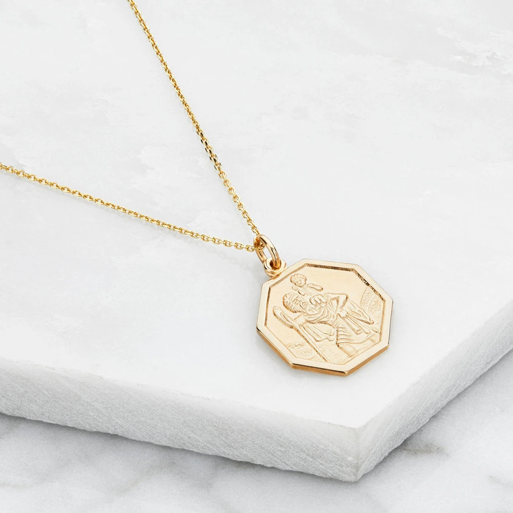 Solid Gold St Christopher Octagonal Medallion Necklace - Image 3