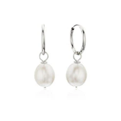 Solid White Gold Large Pearl Drop Hoop Earrings
