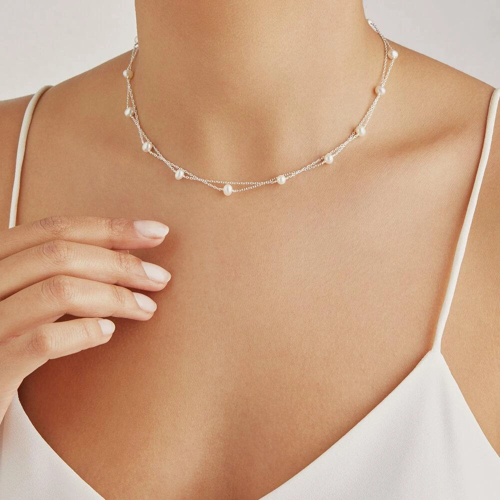 White Gold Layered Pearl Necklace - Image 2