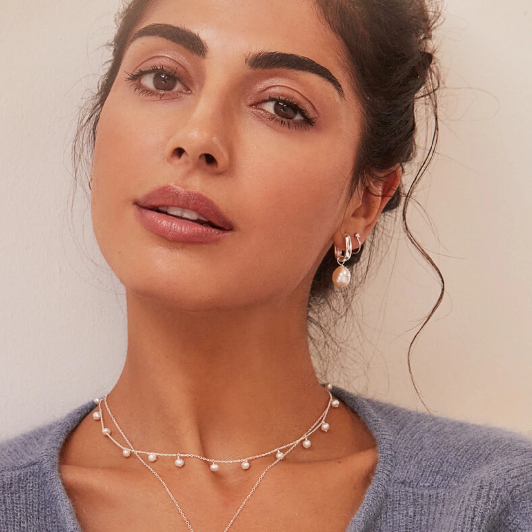 Silver Diamond Style Lobe Hoop Stud Earrings - Image 4