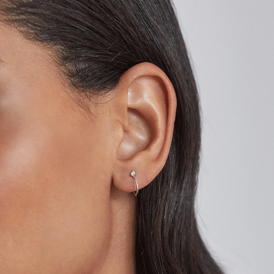 Solid White Gold Genuine Diamond Lobe Hoop Stud Earrings - Image 2