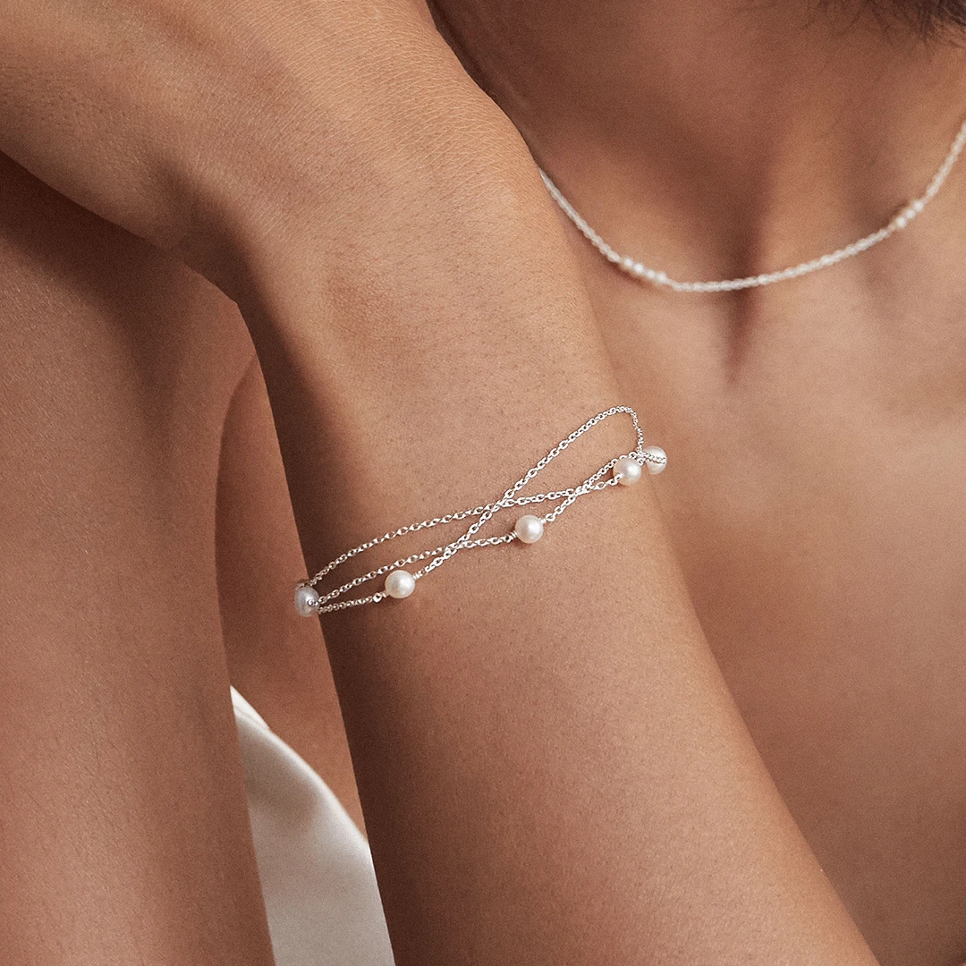 White Gold Layered Pearl Bracelet - Image 2