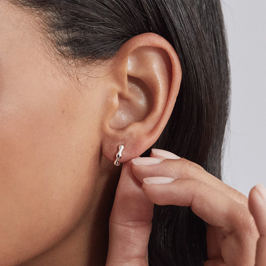 Silver Molten Huggie Hoop Earrings - Image 2