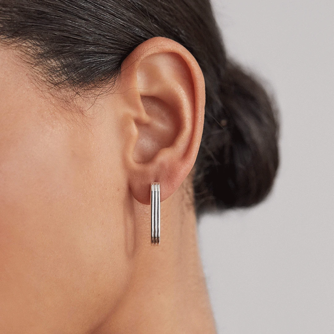 Silver Large Ribbed Hoop Earrings - Image 2