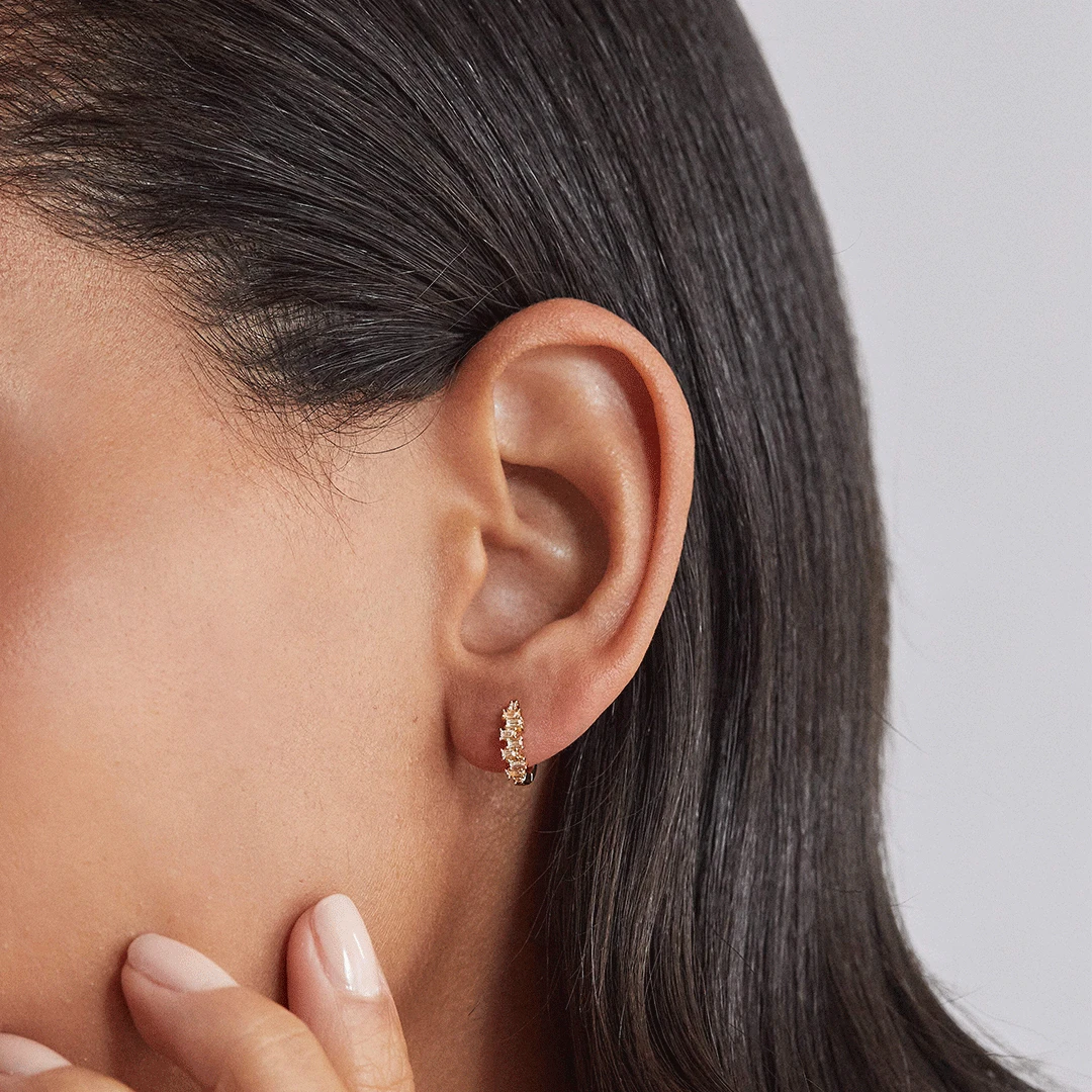 Gold Diamond Style Stacked Baguette Huggie Hoop Earrings - Image 2