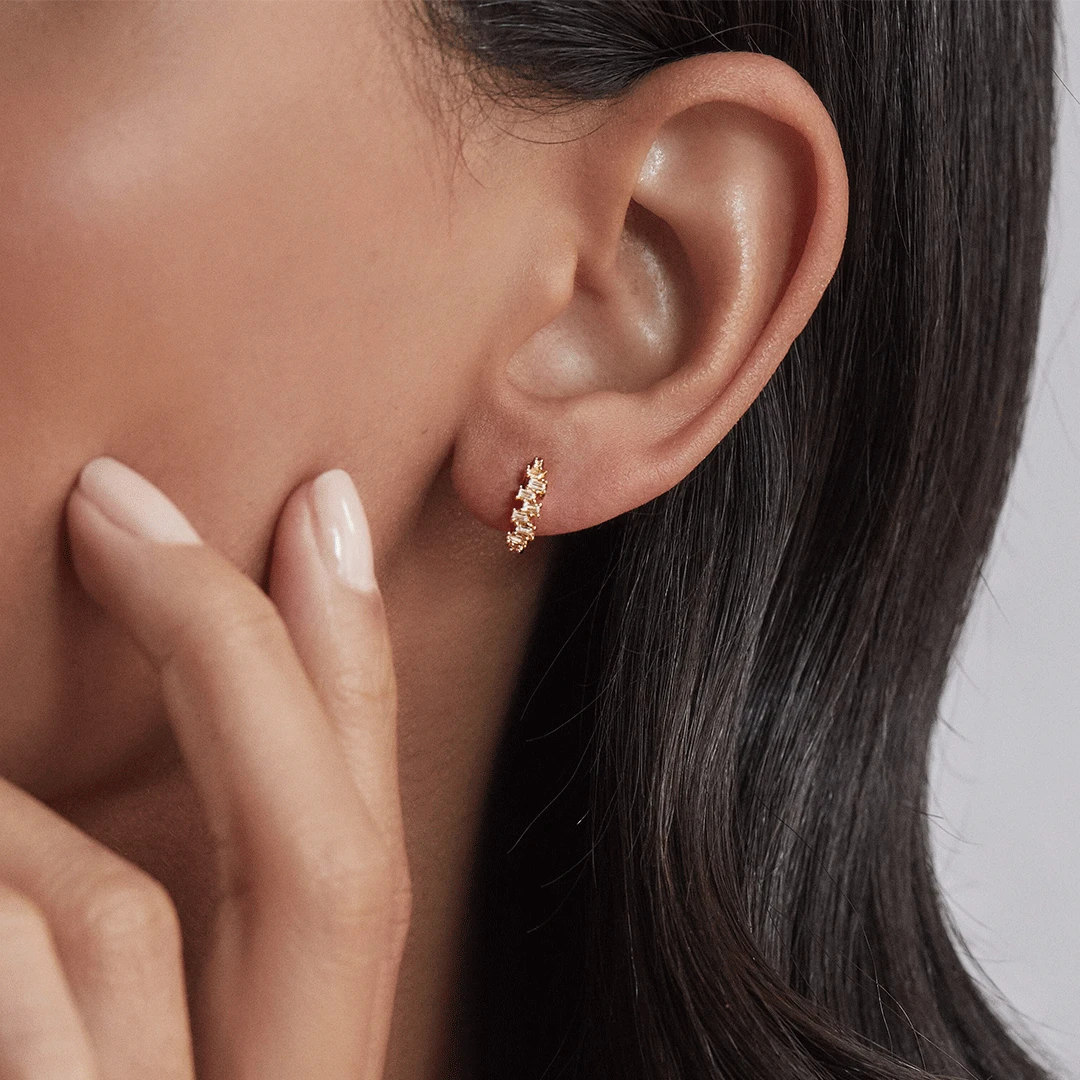 Gold Diamond Style Stacked Baguette Huggie Hoop Earrings - Image 3