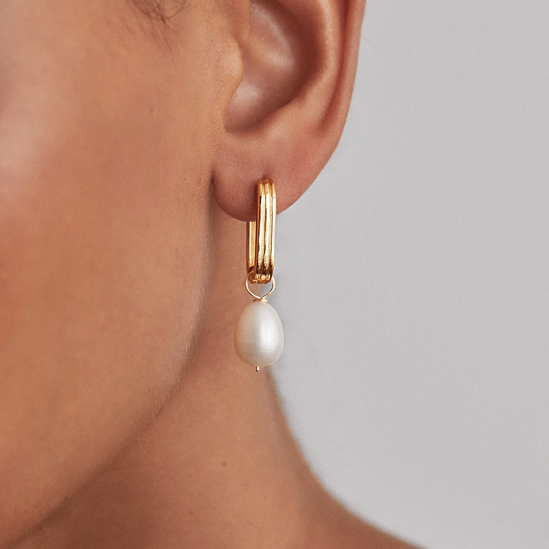 Gold Ribbed Pearl Drop Hoop Earrings - Image 2