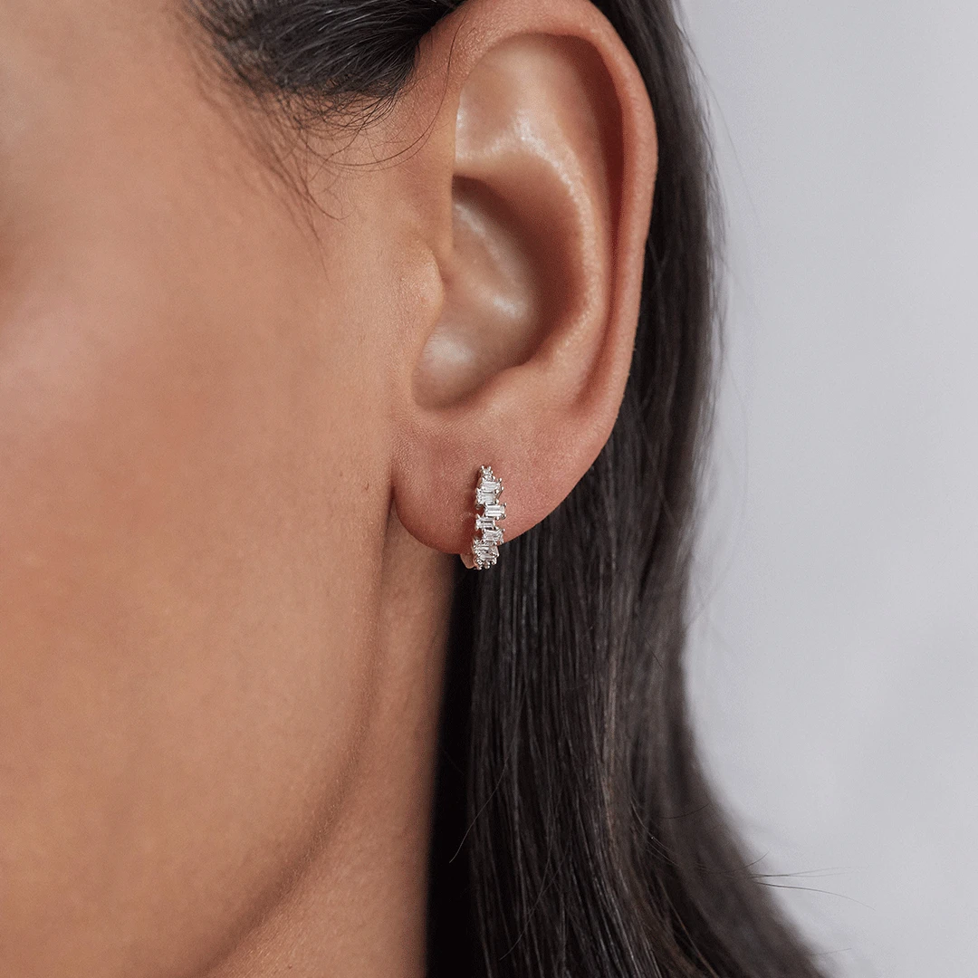 Silver Diamond Style Stacked Baguette Huggie Hoop Earrings - Image 2