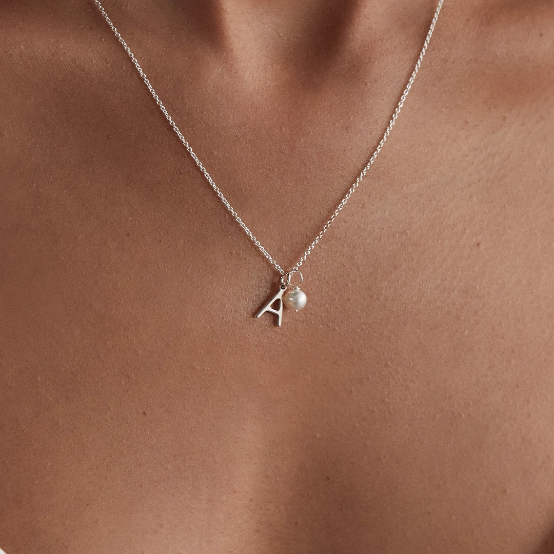 Solid White Gold Initial And Pearl Drop Necklace - Image 2