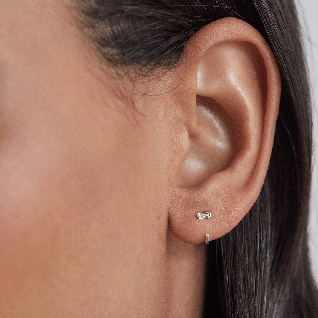 Silver Diamond Style Baguette Lobe Hoop Earrings - Image 2